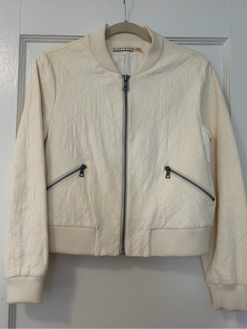 Alice + Olivia Off-White Quilted Leather Bomber Jacket